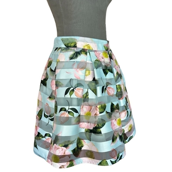 Women’s Skirt PAPAYA Blue Multicolor Mesh Striped Mini Skirt Floral Skater Skirt - Picture 3 of 6